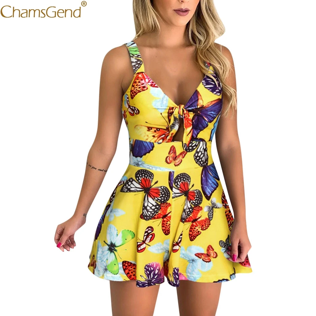 

Summer Butterfly Printed Sleeveless Summer Jumpsuit Short Short Rompers Jumpsuit Plus Size Playsuits Bow Knot Jumpsuit Jun