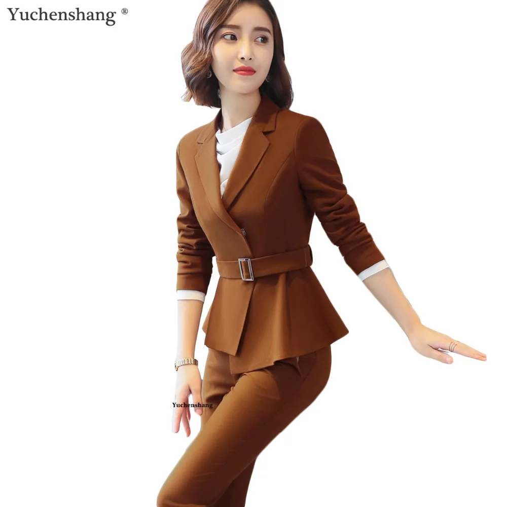 

2 Piece Set High-quality Women Formal Pant Suit Office Lady Uniform Designs Female Camel Business Jacket and Pant Work Wear