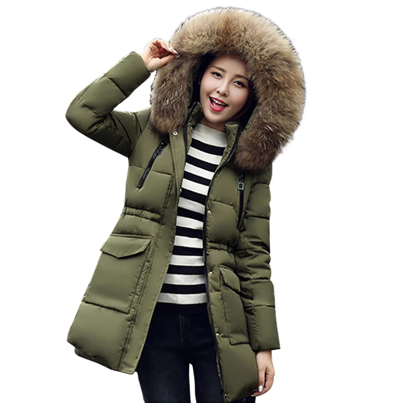 2017 fashion women winter coat cotton padded thick real fur collar hooded jacket warm overcoat parka