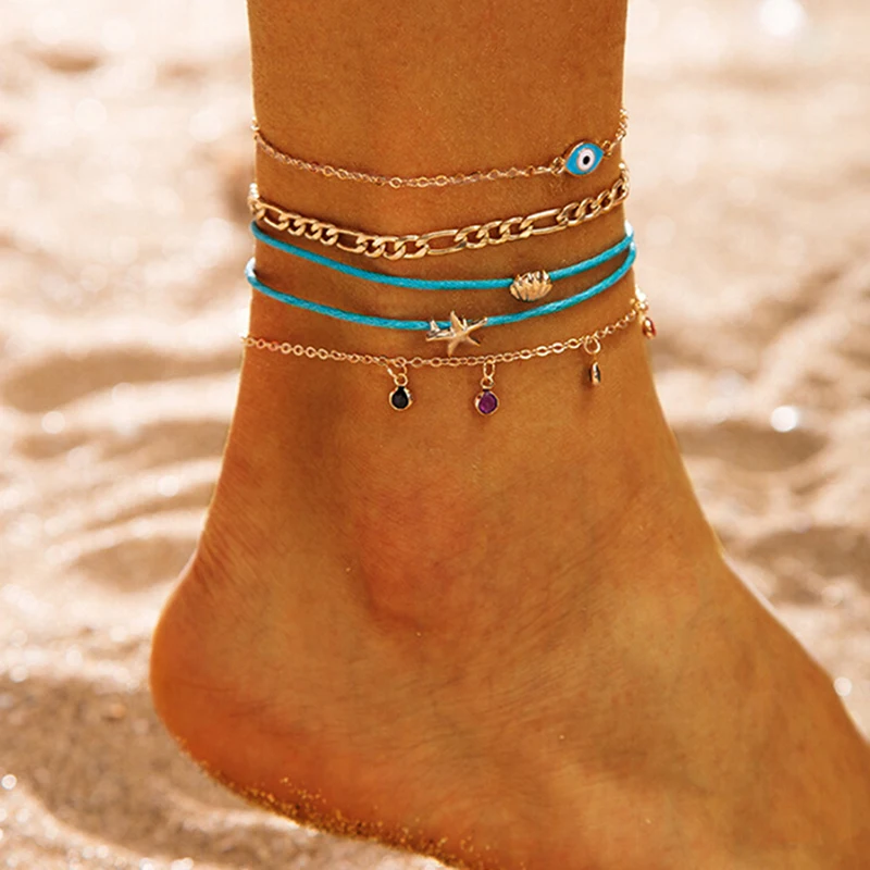 5pcs/set Summer Blue Rope Gold Chain Starfish Shell Eye Colorful Rhinestone Boho Ankle Bracelet for Women Anklets New