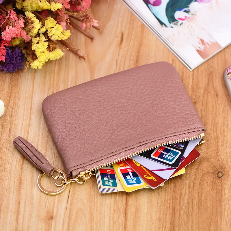 Fashion mini tassel genuine leather pink coin purse women card holders