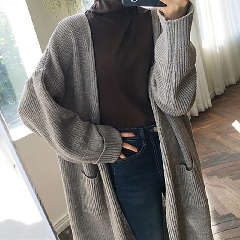 Winter Spring Fashion Casual Clothing Ladies Sweater Long Knit Sweater Women Large Full Sleeve Coat Black Solid Cardigan - Цвет: Серый