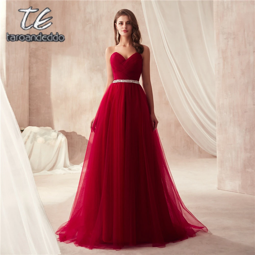 Elegante vestido de fiesta de tul Burdeos para mujer, vestidos largos de noche con corpiño fruncido cuentas y banda|Vestidos de graduación| - AliExpress
