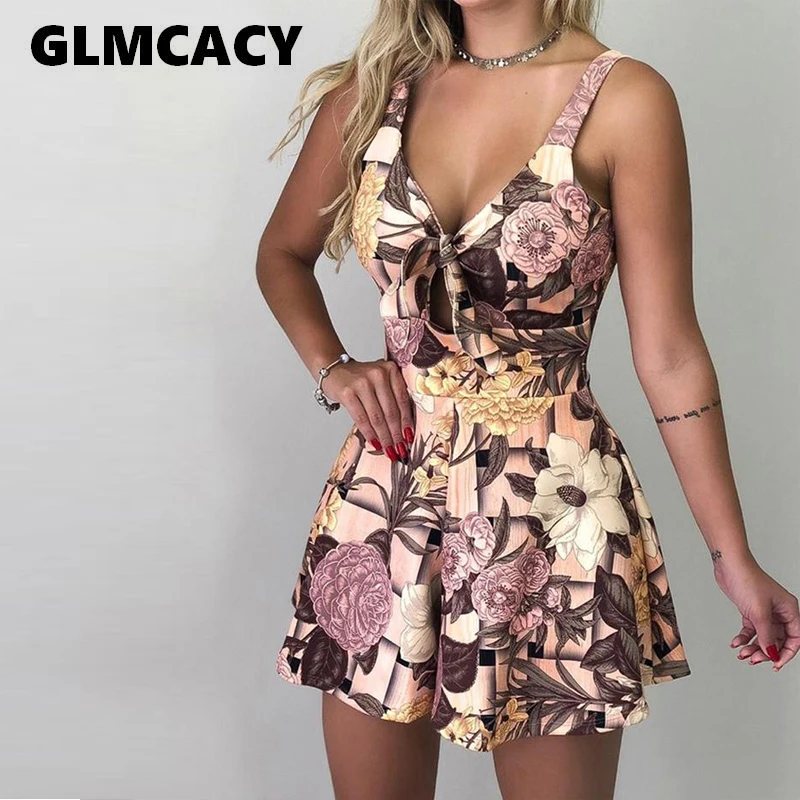 

Women V Neck Strap Print Playsuit Tie Up Bow Short Romper Playsuit Ruffle High Waist Summer Jumpsuit Overalls