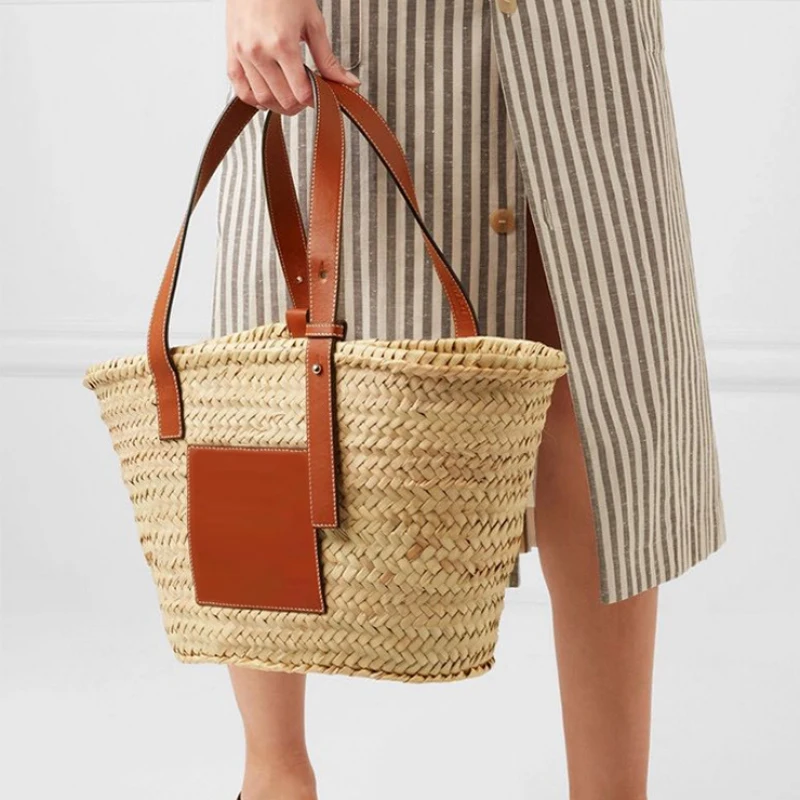 Summer Vintage Large Handmade Straw Basket Bag Chic PU Leather Woven