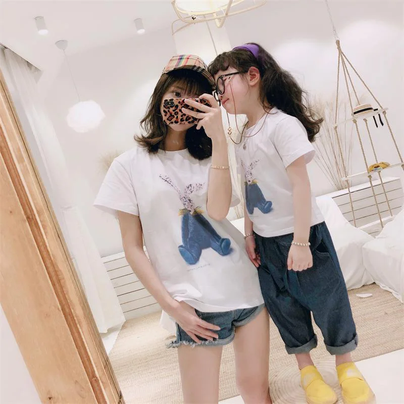 Cute Rabbit Printed Tees Summer T-shirts Family Matching Clothes Father Mother Girls Boys Kids Adult Gifts Mommy Dad White Tops