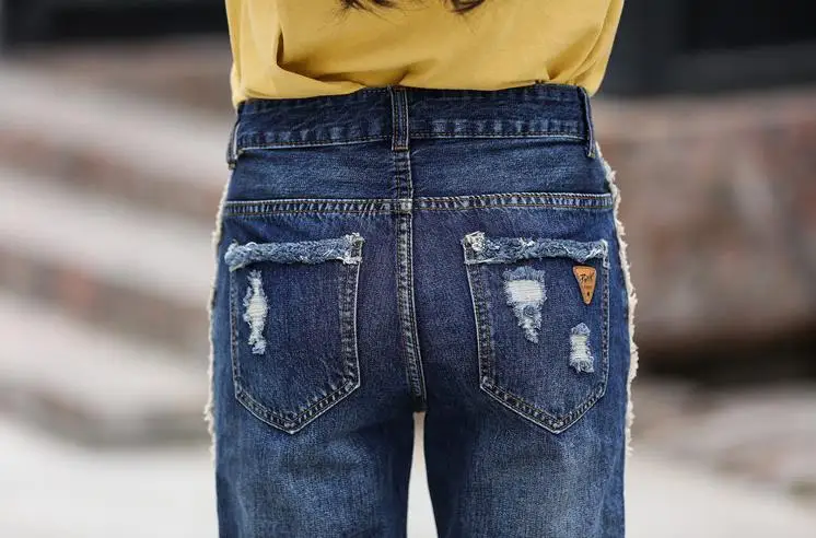 Женские Новые рваные джинсы большого размера свободные прямые джинсы с отворотами