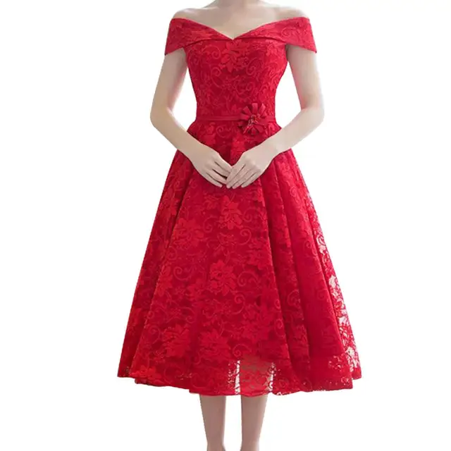 Real Pictures Red Lace Vintage Tea Length Cocktail Girl Party Wear ...