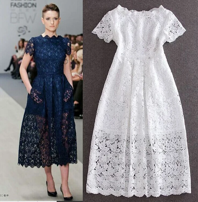 Fashion Summer White Flower Lace Big Sweep Maxi Dress Short Sleeve Hollow Slim Elegant Prom Party Formal Dresses Plus Size 3XL