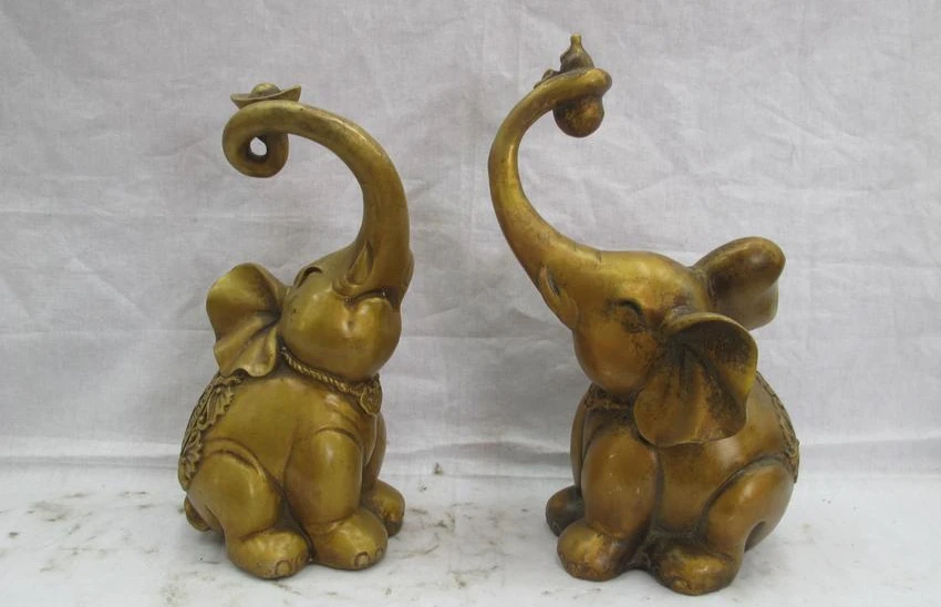 

China Folk FengShui Bronze Copper Lucky Yuan Bao Gourd Elephant Statue Pair