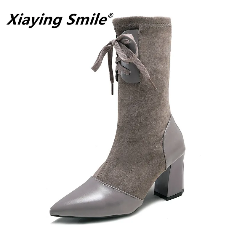 Xiaying Smile Winter Women Mid-Calf Boots New Style Pointed Toe Solid Shoes Laies Fahsion Casual Lace-up Flock Women Shoes