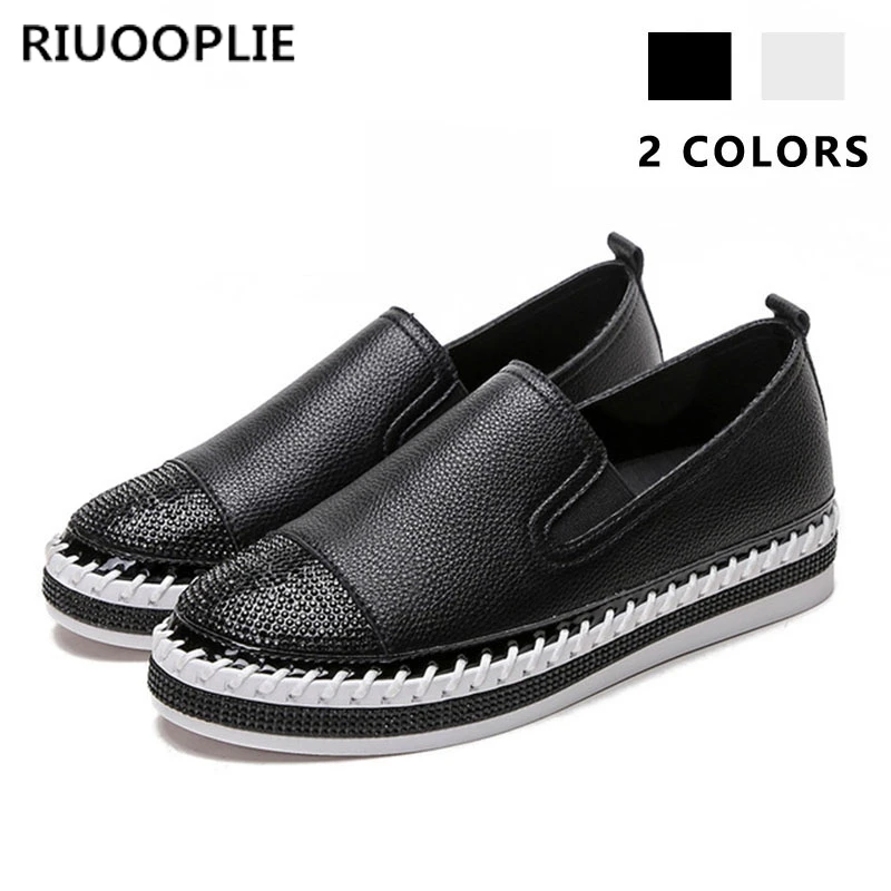 

RIUOOPLIE Women Patchwork Espadrilles Shoes Woman Genuine Leather Creepers Flats Ladies Loafers White Leather Moccasins