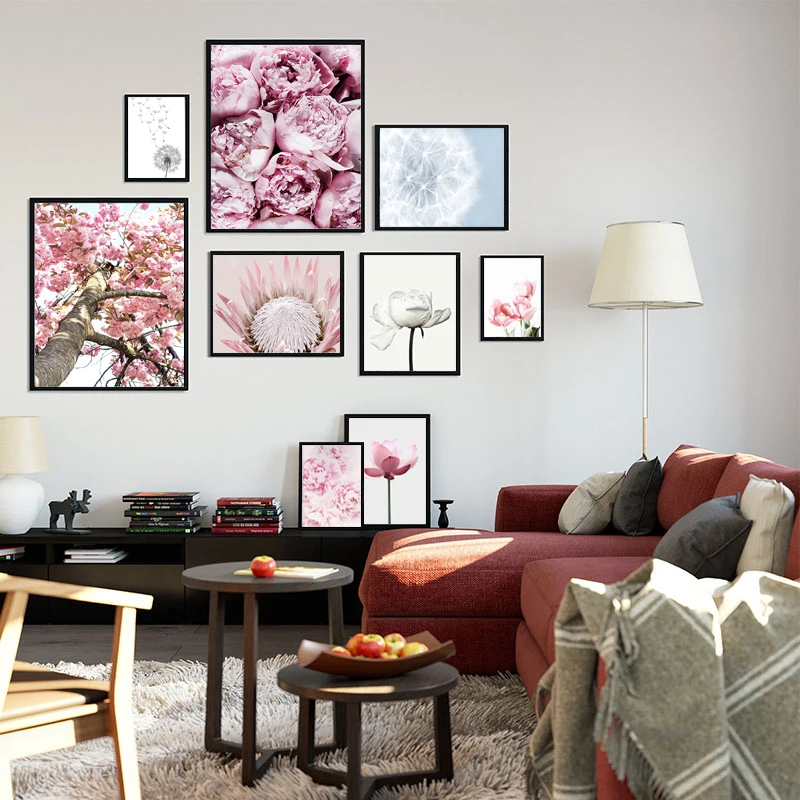 

Pink Flower Wall Art Tulip Canvas Painting Minimalist Black White Dandelion Posters and Prints Picture Cuadros Decoracion Salon