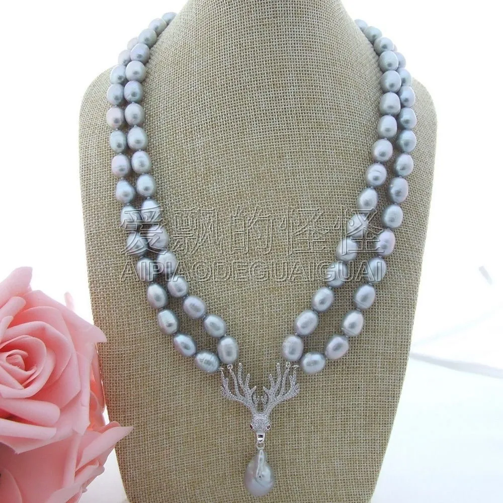 N010809 21'' 2 Strands Grey Rice Pearl Necklace Keshi Pearl Pendantin