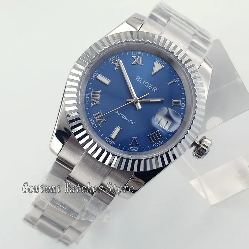 

40mm New Mens Watch Blue Dial Sliver Case Stainless Steel Band Date Automatic Wristwatch W2889