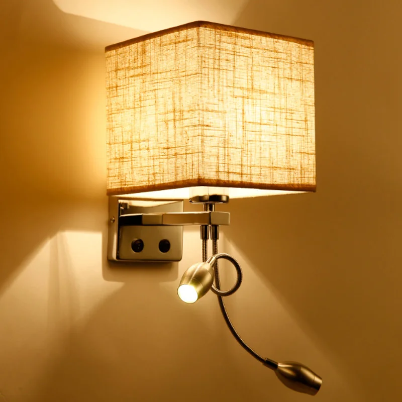 Настенный светильник, переключатель для Бра, лестничный светильник, светильник E27, лампа для спальни, декор для ванной комнаты, современный прикроватный светильник, настенный светильник - Цвет абажура: Linen-Two Head