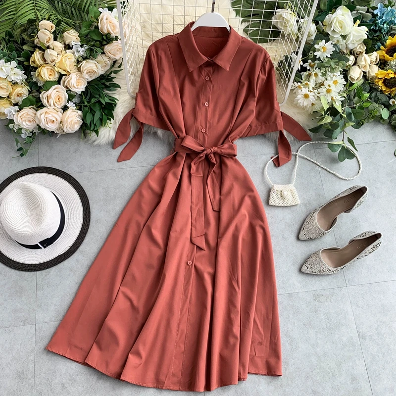 

Women Vintage Robe Short Sleeve Single Breasted Slim A-line Dress 2019 New Summer Female Solid Casual Shirt Dress Vestidos Mujer