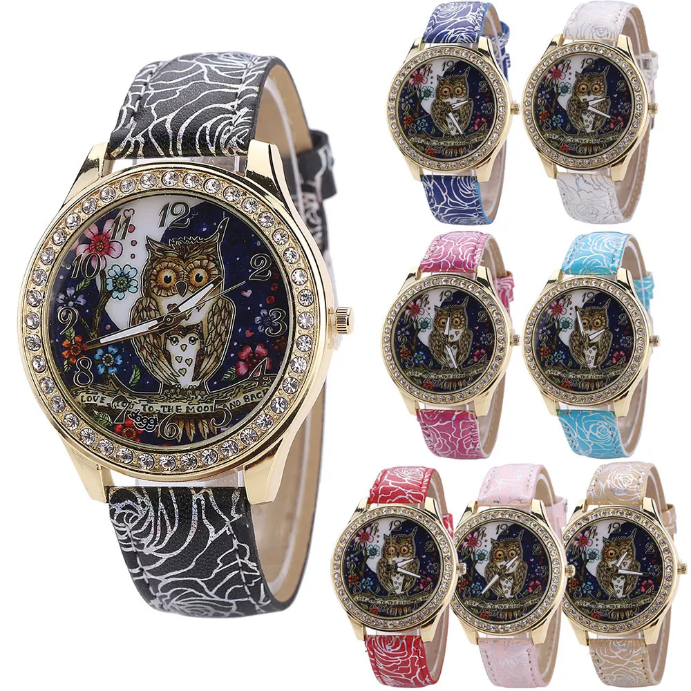 Vintage Owl Cartoon Wrist Watches Women Luxury Diamond Dial Quartz Watch Mens Sports Clock Ladies Leather Casual Watches#Zer