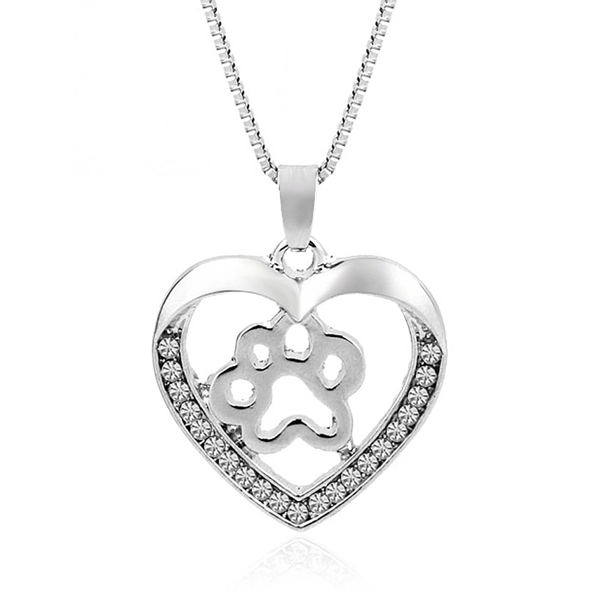 Charming Cat Dog Puppy Paw Print Heart Shape Pendant Necklace Black White Crystal Animal Pet Footprint Necklace For Women Grils