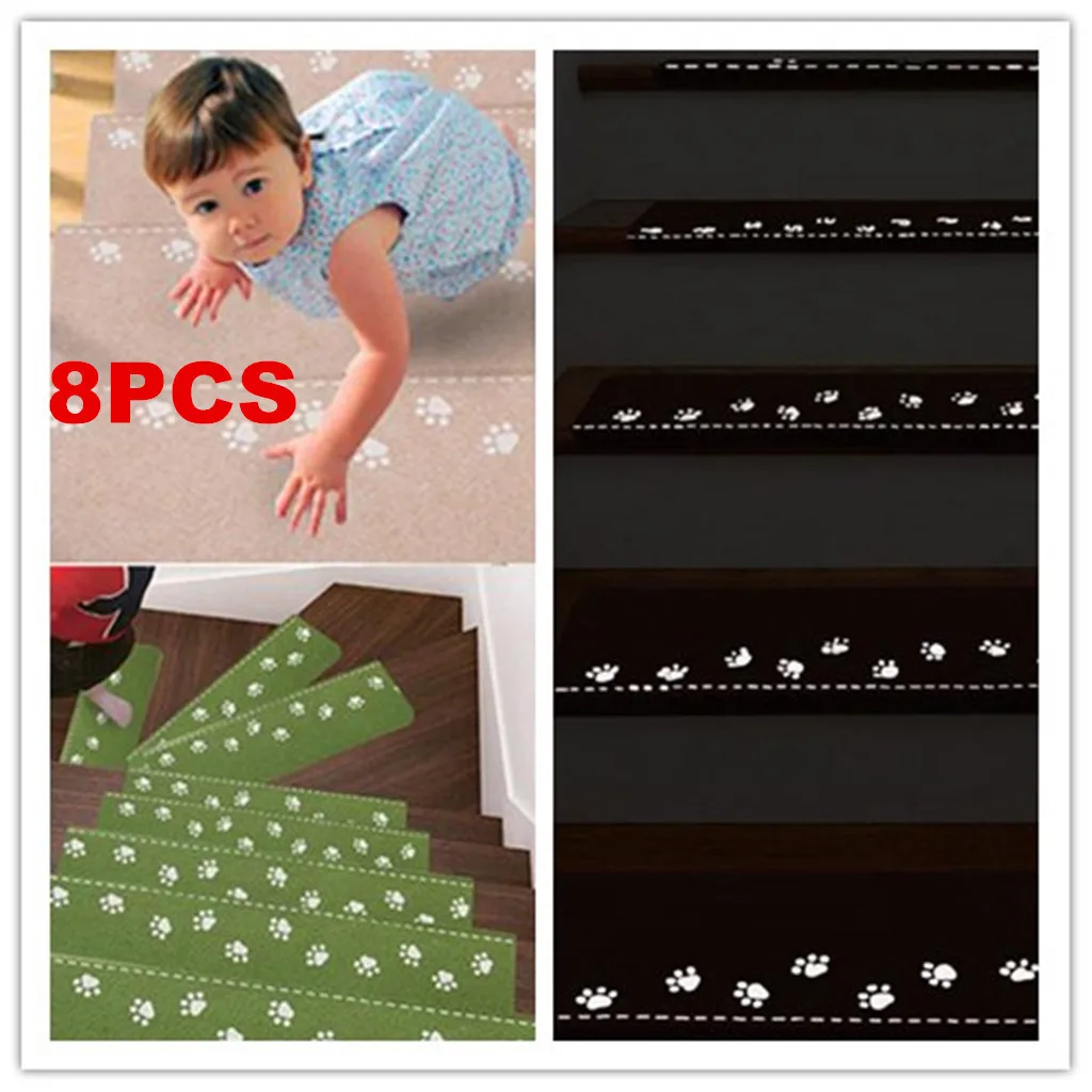 

8PC Self-adhesive Footprint Non-Slip Luminous Staircase Pads Step Mats Stair Carpets Treads Protect Staircases From Scratched