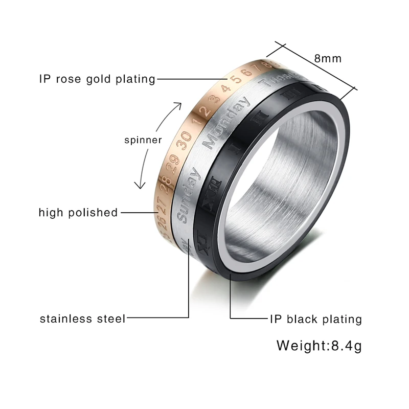 Мужское кольцо Спиннер с календарем из нержавеющей стали|roman numeral ring|jewelry stainless