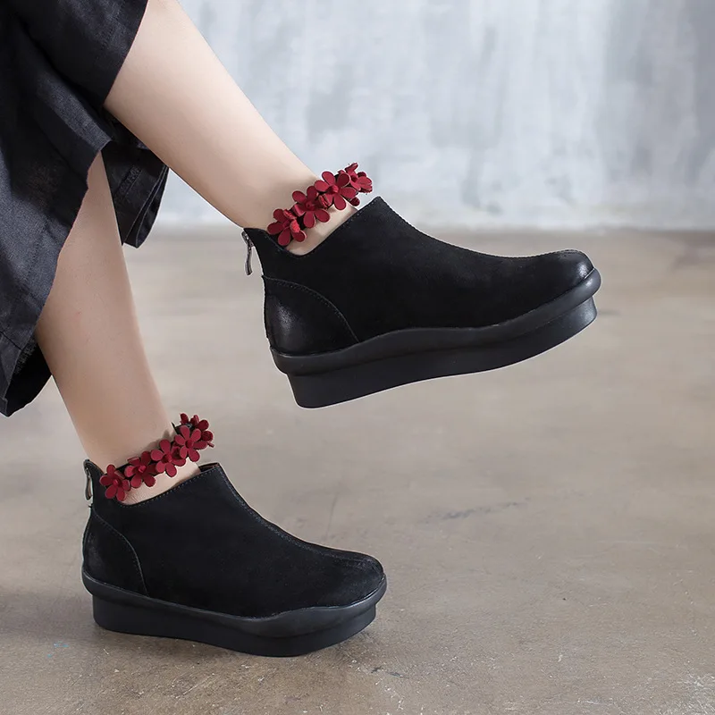 

Women Sheepskin Leather Ankle Boots Flower Strap Fashion Handmade Genuine Leather Autumn Boots Women 4 CM High Heels Wedge Shoe