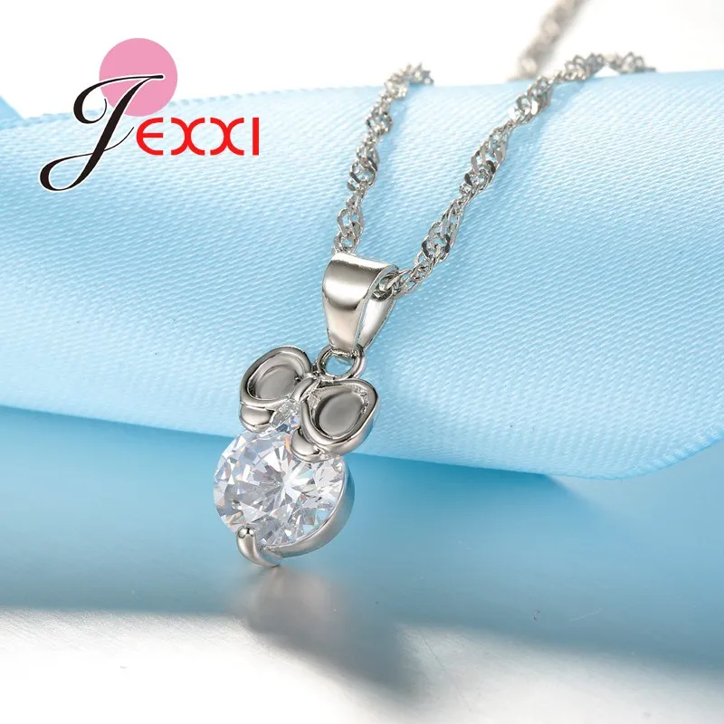 Trendy Mode 925 Sterling Silber Braut Hochzeit Zubehör Schmuck Set Kristall Drop Bowknot Anhänger Halskette Ohrringe