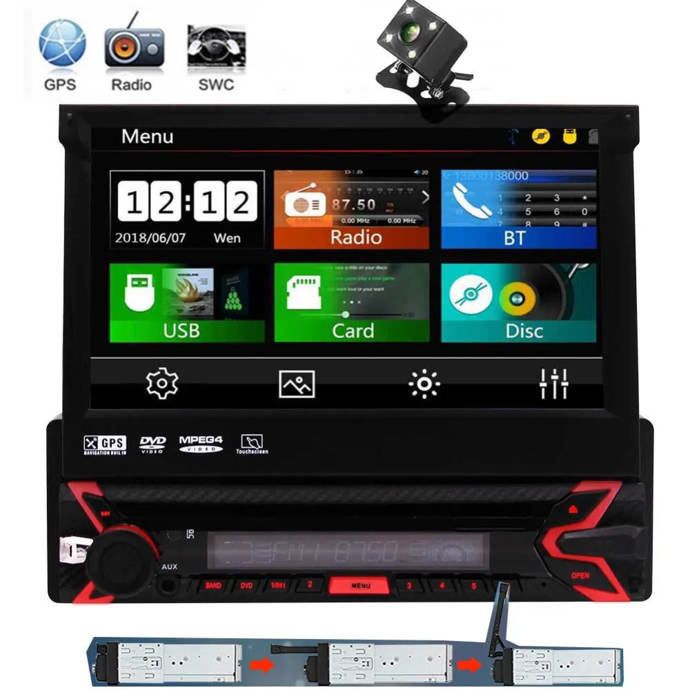 

DVD Player Car Stereo Multimedia Car Radio Player 7 inch Retractable Touch Screen FM/AM colorful lights remote control USB Blue