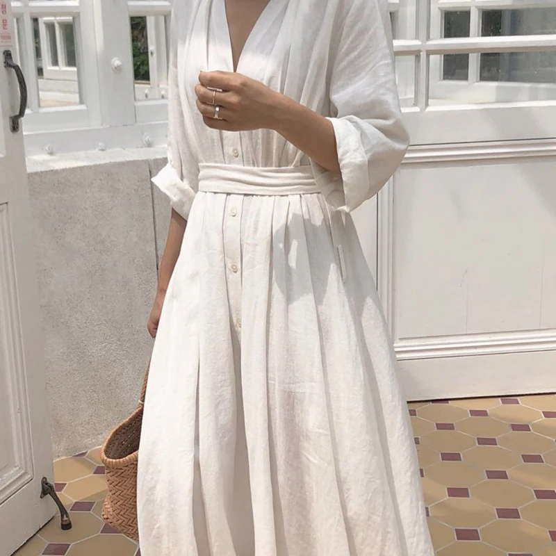 

Women Casual Dress Solid Ankle-Length Autumn Party Dress Vestidos Cute Clothing Office Lady Fold Loose Belt Dress