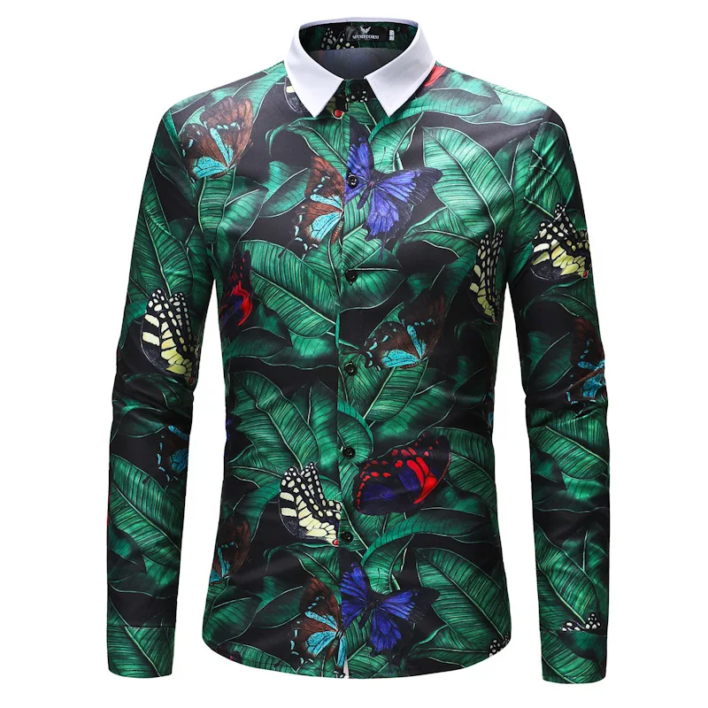 Green Leaf Butterfly Print Shirt Men 2018 Spring Autumn New Slim Fit