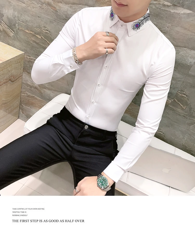 Весенняя Корейская мужская рубашка с длинным рукавом Camisa Masculina, одноцветная модная мужская рубашка с вышитыми перьями, Camisa Homem, Черная