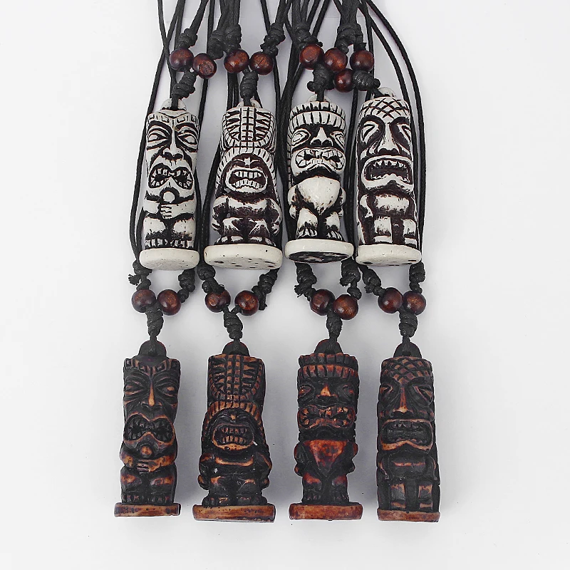 

1pcs Charms Brown/White Tiki Men Totem Imitation Yak Bone Pendant Black Wax Cord Rope Necklace Jewelry Gift For Men Women