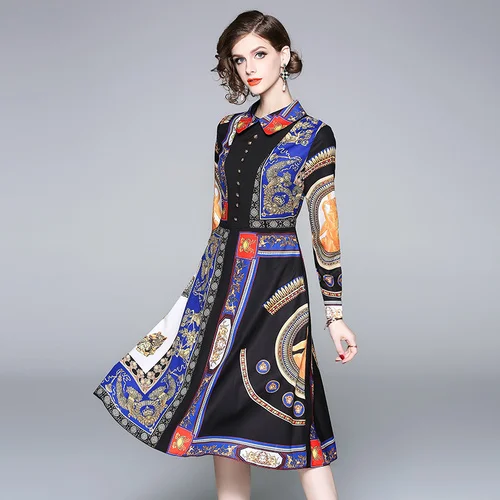 

2018 Autumn new European Women's Long Sleeves Long Evening Party print Dress Vintage Womens Casual Wear Vestidos Robe Femme