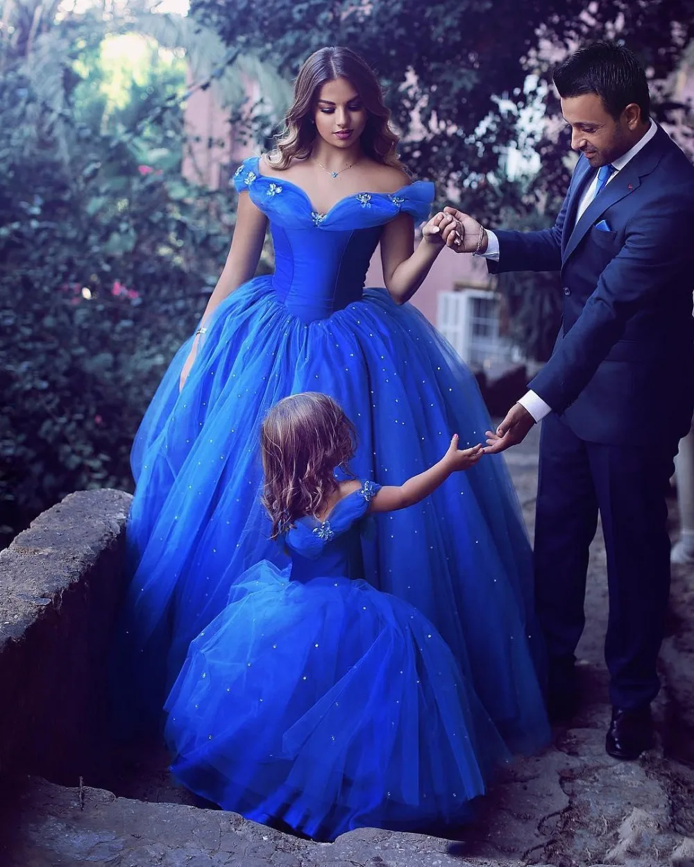 Голубое платье Золушки для выпускного вечера для мамы и дочки, бальное платье с открытыми плечами и бисером, вечерние торжественные платья