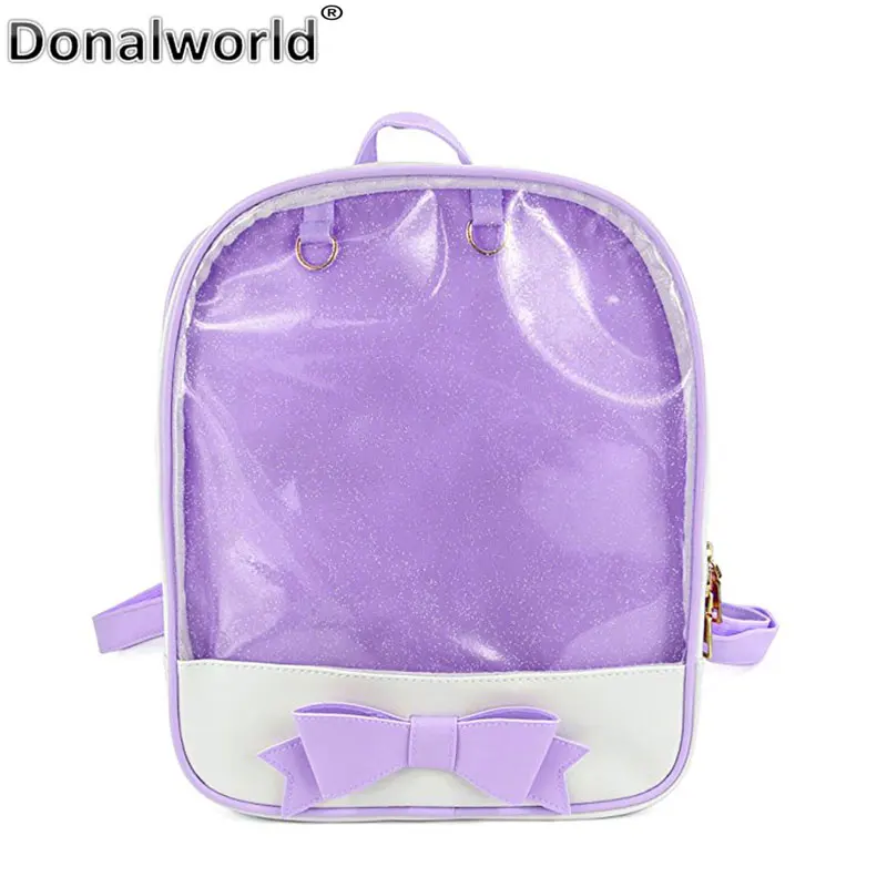 

Donalworld Women Girls Transparent School Bag Candy Backpacks PU Leather Backpack Sweet Bowknot PVC Beach Play Book Bags