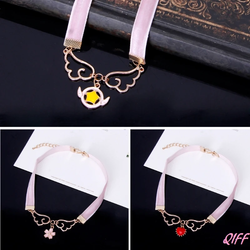 

Drop&Wholesale Cosplay Pendant Necklace Enamel Wing Star Heart Card Captor Sakura Velvet Choker APR28