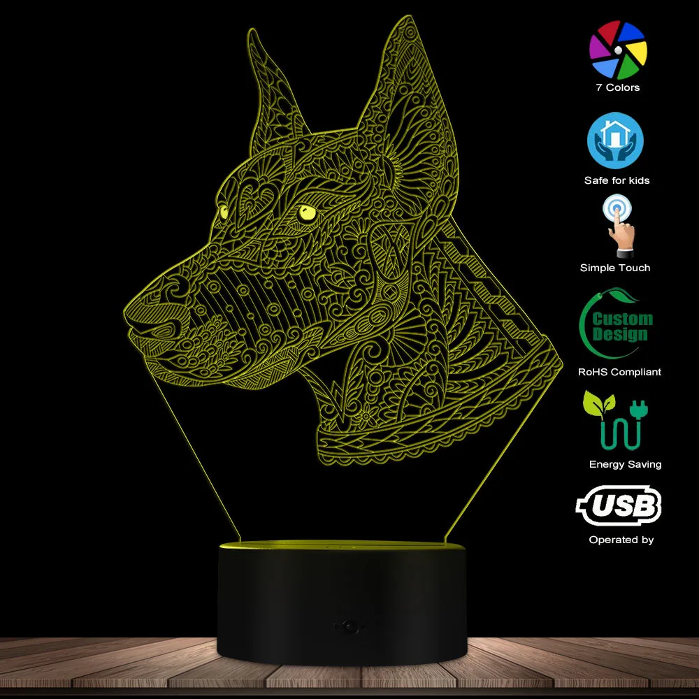 Светодиодный ночсветильник с иллюзией Doberman настольная лампа 3D рисунком мандалы