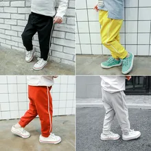 Весна-осень однотонный костюм в Корейском стиле из хлопка эластичная одежда для малышей Для мальчиков и девочек повседневное до середины талии, свободные Штаны