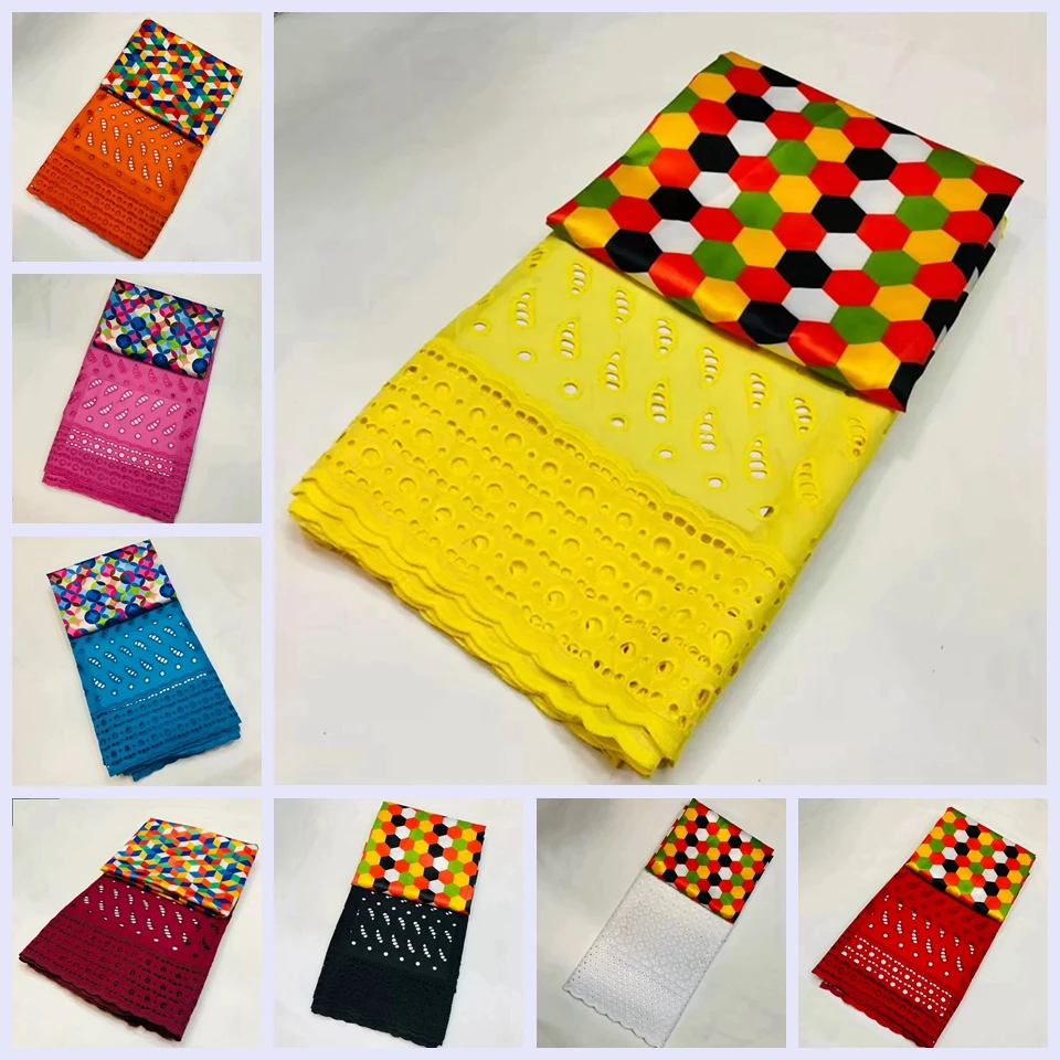 

2.5 Yards African cotton Swiss lace fabric soft With 2.5 Yard BAZIN Riche Printing fabric For sewing dresses LSBM-2