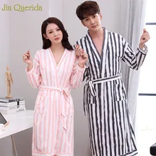 Халат для мужчин и женщин, домашнее свободное платье, японский хлопковый спальный халат с поясом, комплект в полоску с длинными рукавами, кимоно