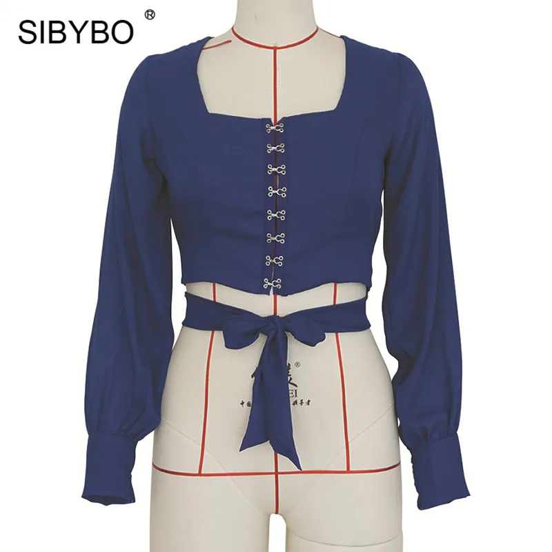 Sibybo, открытая спина, рукав-фонарик, короткая футболка для женщин, квадратный воротник, длинный рукав, летний укороченный Топ для женщин, галстук-бабочка, сексуальная женская футболка - Цвет: Navy Blue