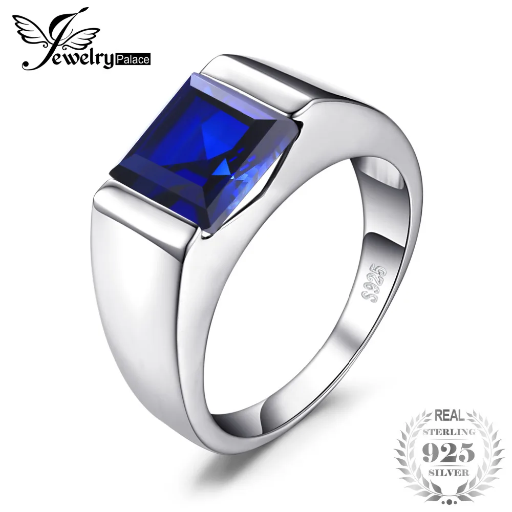 JewelryPalace Men's Square 3.3ct Blue Created Sapphires Engagement Ring Solid 925 Sterling Sliver Fine Jewelry Brand New Gift