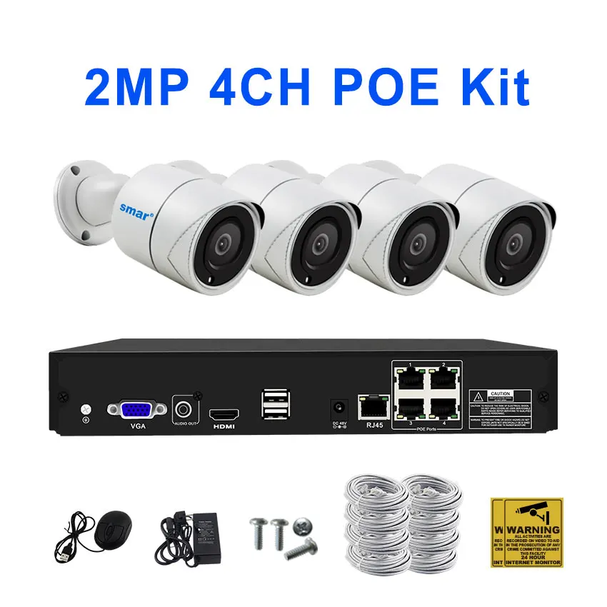 Sm8ch 4CH 1080P POE NVR CCTV система безопасности 4 шт Металл 2.0MP ИК Наружная цилиндрическая IP камера P2P комплект видеонаблюдения 2 ТБ HDD - Цвет: 2MP 4CH POE KIT