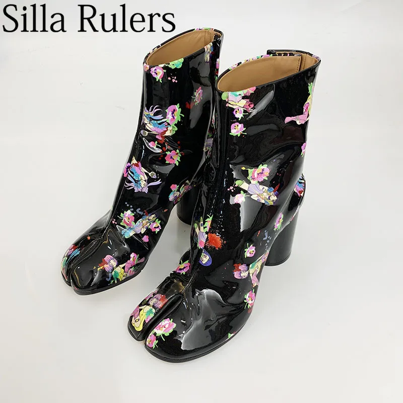 

2019 Runway Print Genuine Leather Split Toe Ankle Boots Woman Chunky High Heel Women Boots Black Roman boots zapatos de mujer