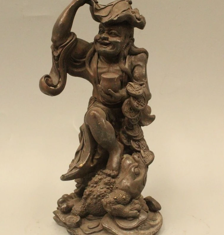 

8"Chinese Copper Liu Hai God Play Golden Toad Spittor Wealth Statue Sculpture