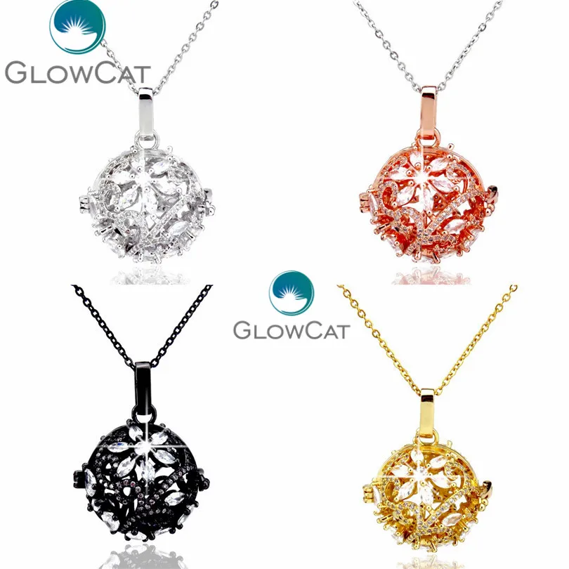 

GLOWCAT Shiny Leaf Flower Zircon Pendant Beads Cage Essential Oil Diffuser Stainless Chain Copper Locket Necklace 4 Colors 21916
