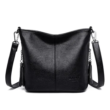 

Women's Genuine Leather Handbags Bucket Women Messenger Bags Hot Sale Tassel Bags For Women Shoulder CrossBody Bags
