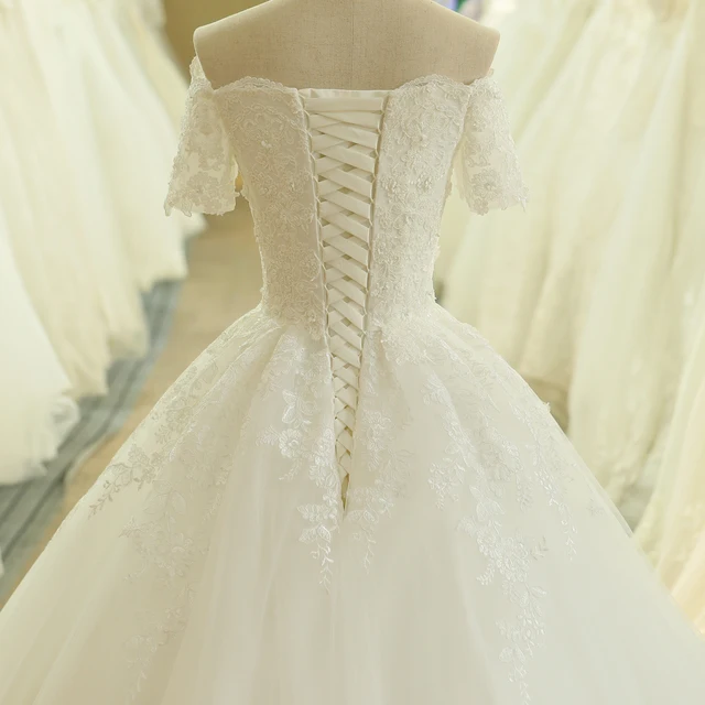 SL-537 Vintage Beads Lace Short Sleeve Off Shoulder Bridal Gown Wedding Dress Women wedding gowns robe femme robe longue 5