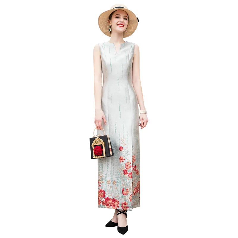

High Quality Summer Party New Jacquard Split Evening Long Dress Pencil Plus Size Straight Night Maxi Dresses Ankle-Length 8058