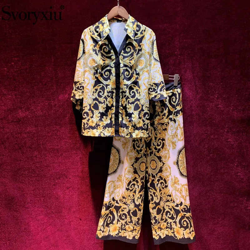 

Svoryxiu Designer Autumn Vintage Baroque Printed Trousers Twinset Women's Casual Pajamas Two Piece Set
